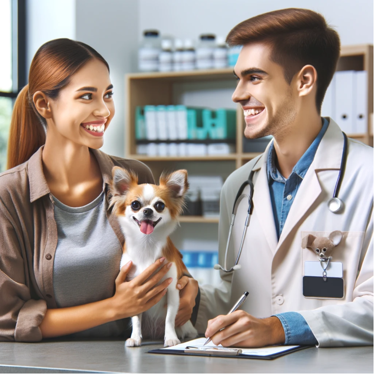 happy veterinarian and customer with chihuahua
